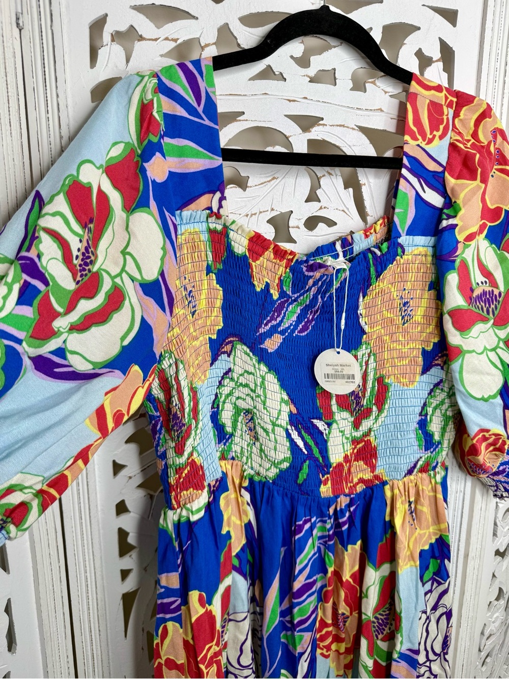 Oddy Vibrant Floral Smocked Multicolored Midi Dress NWT - Picture 3 of 7
